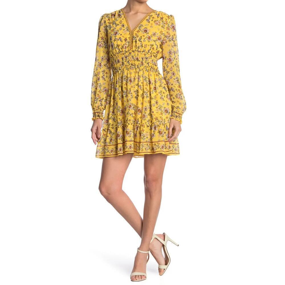 MAX STUDIO Floral V-neck Smocked Dress In Dark Yellow Women's Large